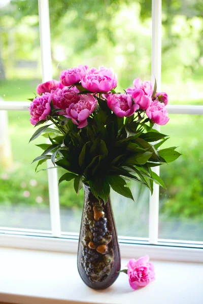 Peony flowers on window-sill — Stock Photo, Image