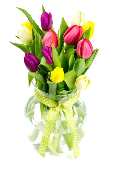 Vase with tulips isolated on white — Stock Photo, Image