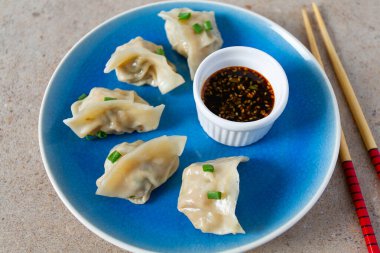 Soya soslu taze Japon gyoza köftesi.