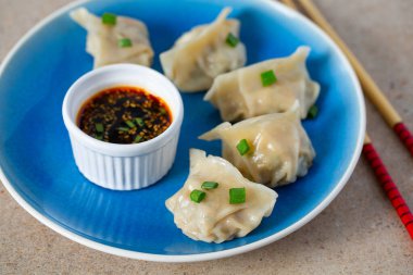 Soya soslu taze Japon gyoza köftesi.