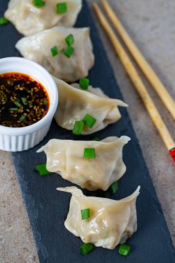 Soya soslu taze Japon gyoza köftesi.