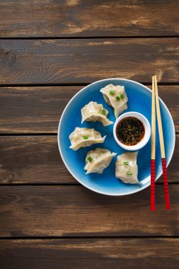 Soya soslu taze Japon gyoza köftesi.