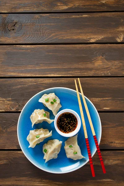 Fresh Japanese Gyoza Dumplings Soya Souce — Stock Photo, Image