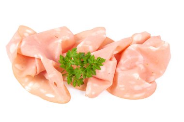 İnce dilim Mortadella jambonu beyaza izole edilmiş.