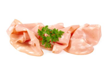 İnce dilim Mortadella jambonu beyaza izole edilmiş.