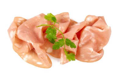 İnce dilim Mortadella jambonu beyaza izole edilmiş.