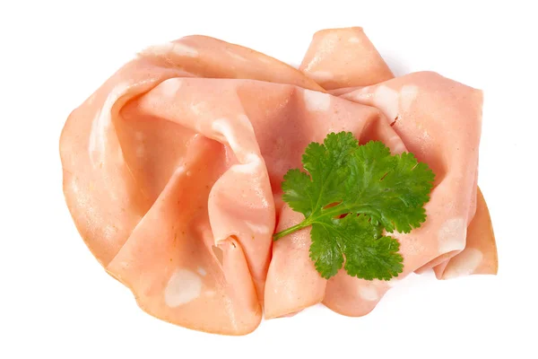 Dünne Scheiben Mortadella-Schinken isoliert auf weiß — Stockfoto