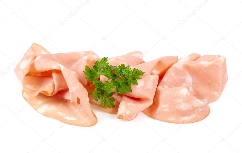 thin slices of mortadella ham isolated on white