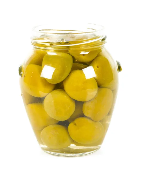 Aceitunas Escabeche Frasco Vidrio Aislado Blanco — Foto de Stock