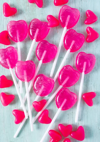 Heart Shaped Candies Turquoise Wooden Surface — Stock Photo, Image