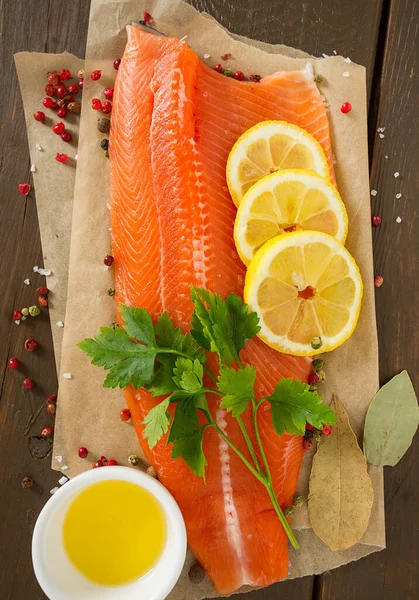Fresh Trout Fillet Wooden Surface — Stock Photo, Image