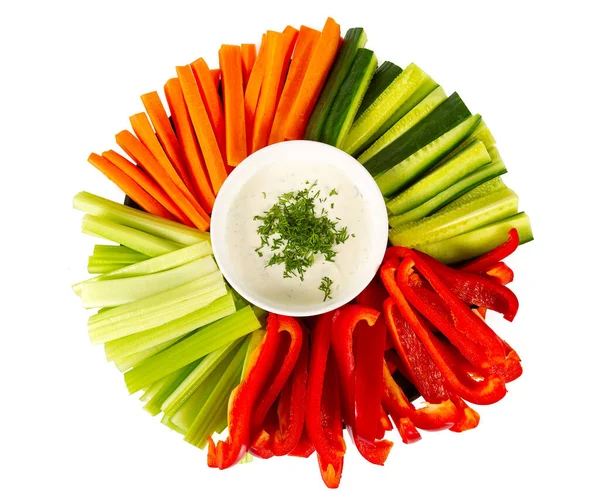 Färska Grönsaker Och Yoghurtdipp — Stockfoto