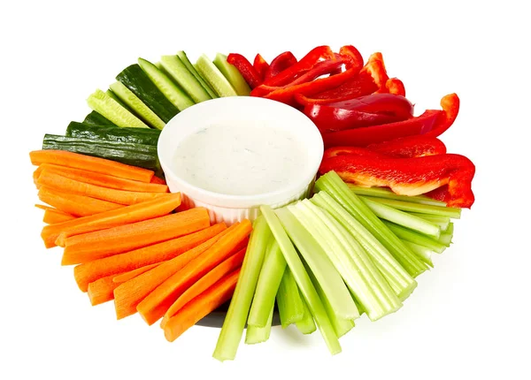 Färska Grönsaker Och Yoghurtdipp — Stockfoto