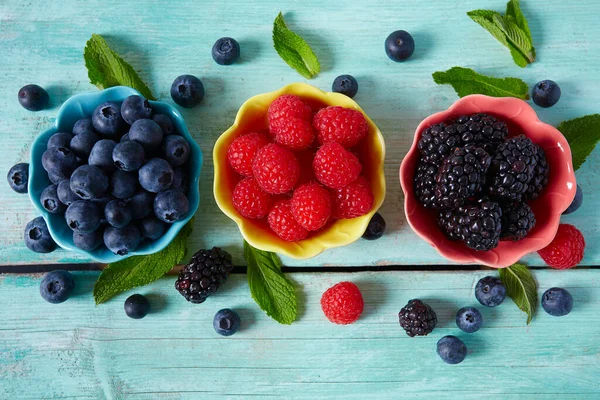 Fresh Berries Turquoise Surface — Stock Photo, Image