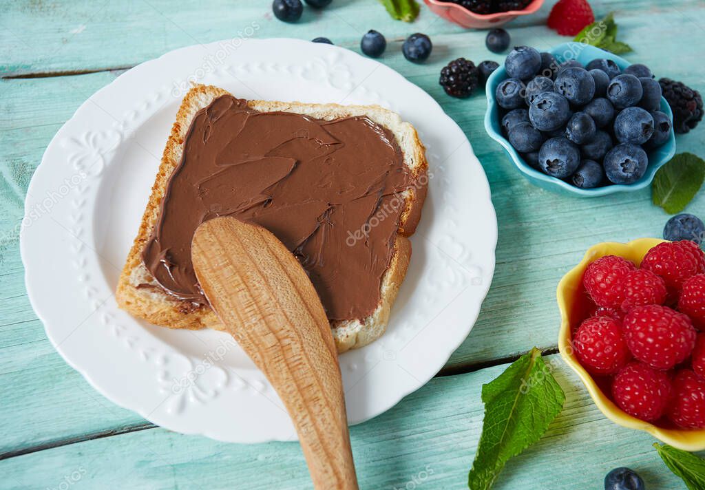 chocolate spread on bread and berries