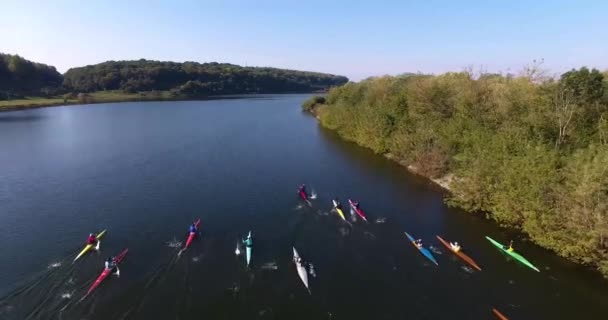Air view: kinderen zijn kajakken langs het meer — Stockvideo
