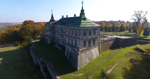 Luftaufnahme einer alten Pidhirtsi-Burg aus der Vogelperspektive mit grüner Natur um 4k, 25fps — Stockvideo