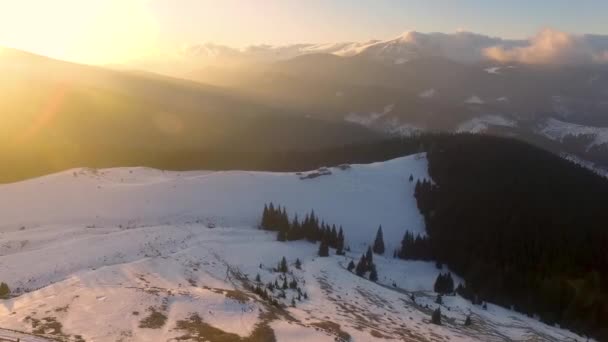 's morgens bewolking in de bergen vanuit de lucht, vanuit de lucht zicht op de ochtendmist in de bergen, vanuit de lucht zicht boven de wolken en de lucht in de zonsopgang, Majestueuze wolken in het berglandschap in Karpaten — Stockvideo