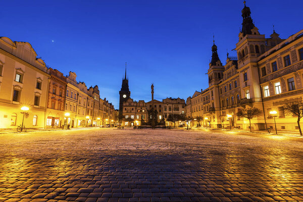 City Hall and Plague Column on Pernstynske Square in Pardubice. Pardubice, Bohemia, Czech Republic.