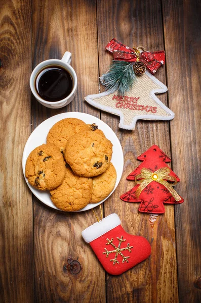 Christmas Tree Toys Tasty Cookies Holiday Wooden Table — Stock Photo, Image