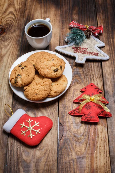 Christmas Tree Toys Tasty Cookies Holiday Wooden Table — Stock Photo, Image