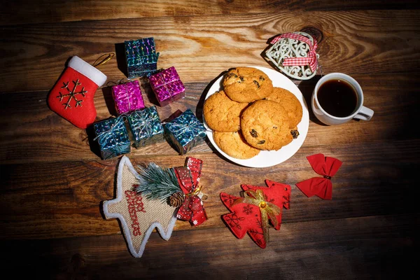 Christmas Tree Toys Tasty Cookies Holiday Wooden Table — Stock Photo, Image