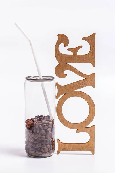 Coffee Beans Plastic Jar White Background — Stock Photo, Image