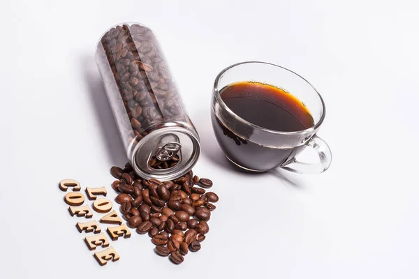 Coffee Beans Plastic Jar White Background — Stock Photo, Image