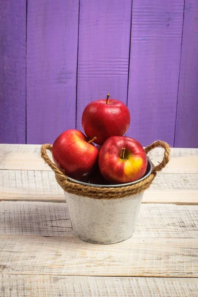 Beautiful Red Sweet Apples Purple Background White Bucket — Stock Photo, Image