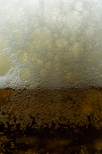 Beer with bubbles and foam in a bottle close