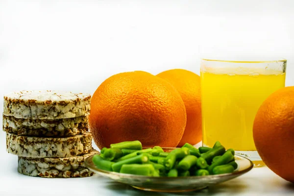 Fresh Orange Juice Tasty Orange Next White Plate Green Beans — 스톡 사진