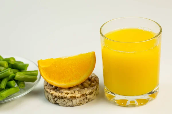 Fresh Orange Juice Tasty Orange Next White Plate Green Beans — Stock Photo, Image