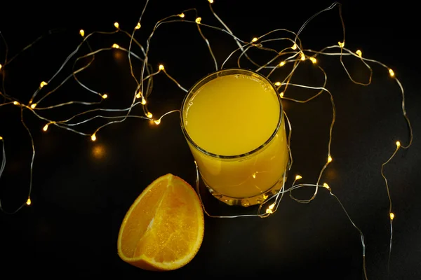 Fresh Orange Juice Glass Slices Oranges Black Background — Stock Photo, Image