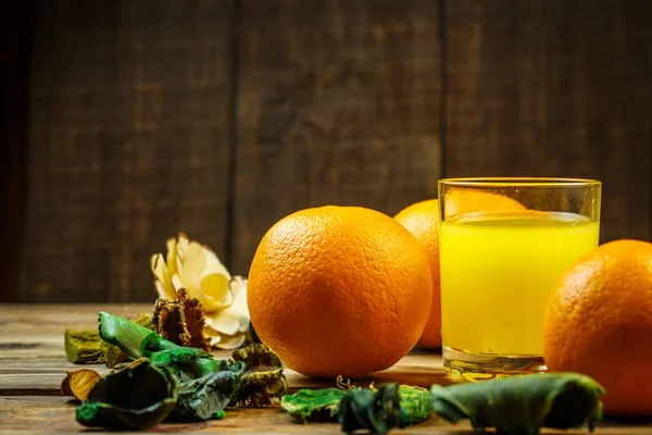 Glass Orange Juice Orange Wooden Table — 스톡 사진