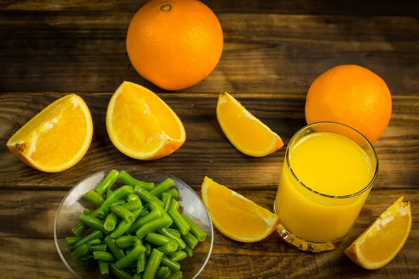 Verre Jus Orange Orange Petits Pains Haricots Verts Pour Alimentation — Photo