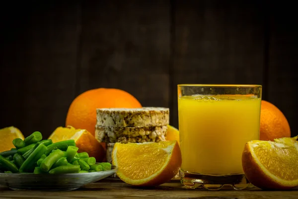 Verre Jus Orange Orange Petits Pains Haricots Verts Pour Alimentation — Photo