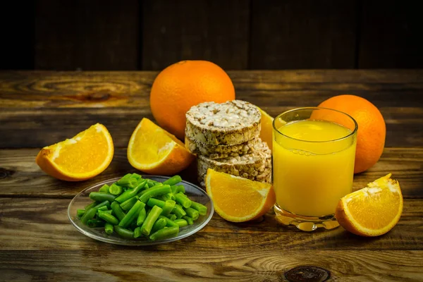 Glass Orange Juice Orange Bread Rolls Green Beans Diet Wooden — 스톡 사진