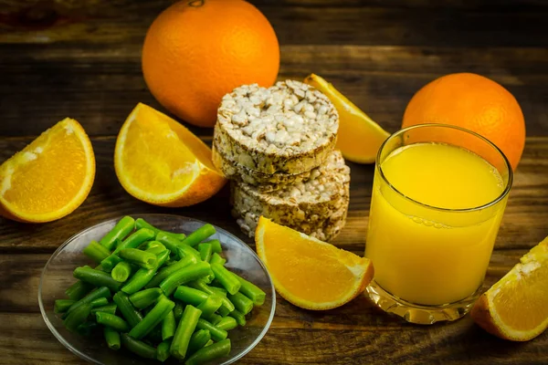 Verre Jus Orange Orange Petits Pains Haricots Verts Pour Alimentation — Photo
