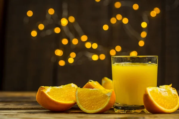 Glass Orange Juice Slices Orange Wooden Table — 스톡 사진