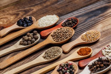 Ahşap bir masada, ahşap kaşıklardaki farklı baharatlar ve malzemeler.