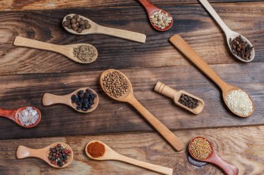 Ahşap bir masada, ahşap kaşıklardaki farklı baharatlar ve malzemeler.