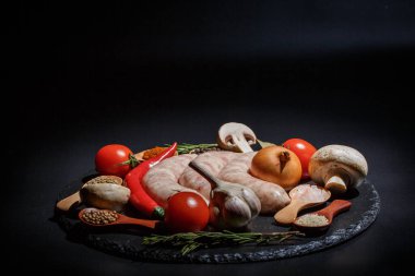 Çiğ sosis, farklı sebzeler, baharatlar ve siyah arka plandaki malzemeler.