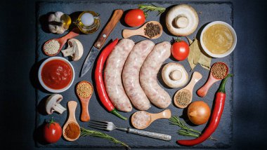 Çiğ sosis, farklı sebzeler, baharatlar ve siyah arka plandaki malzemeler.