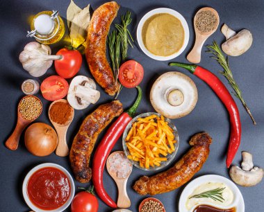 Izgara sosis, sebze, acı biber ve siyah arka planda çeşitli baharatlar.