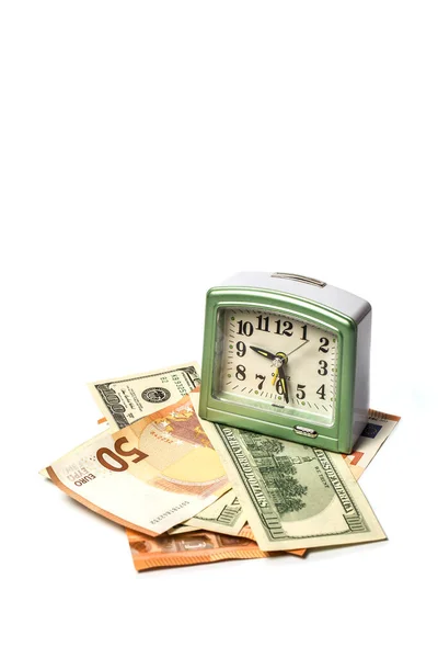 Tiempo Dinero Mucho Dinero Diferente Reloj Sobre Fondo Blanco —  Fotos de Stock