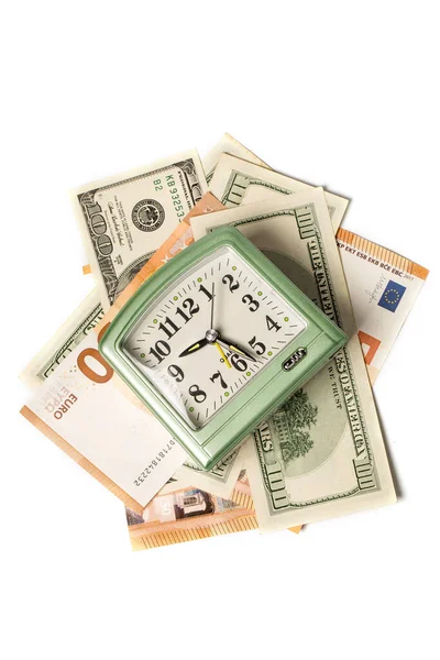 Tiempo Dinero Mucho Dinero Diferente Reloj Sobre Fondo Blanco —  Fotos de Stock