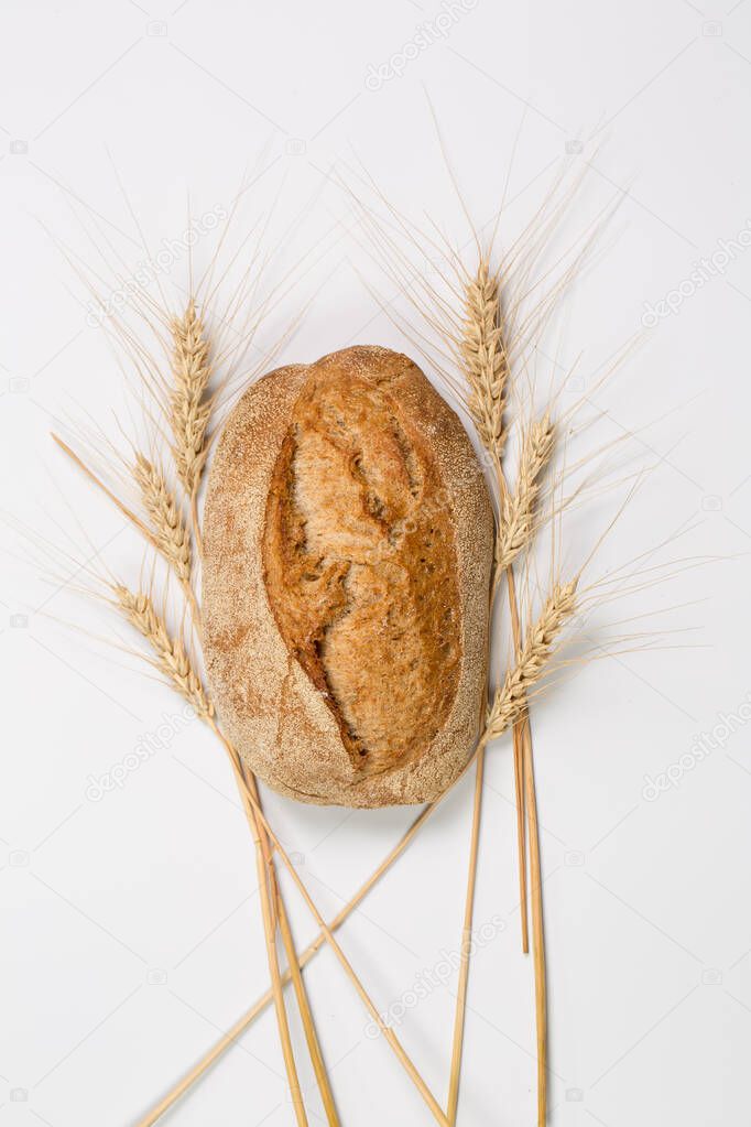 Tasty fresh black and white bread with wheat and flour on a white background