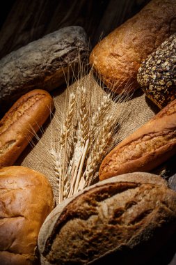 Tahta bir masada farklı somun ekmeği, buğday, un ve glüten.