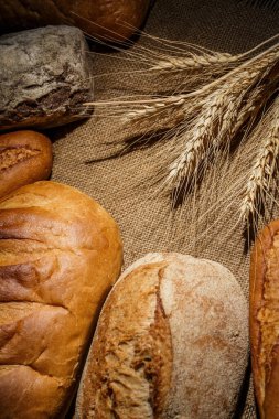 Tahta bir masada farklı somun ekmeği, buğday, un ve glüten.