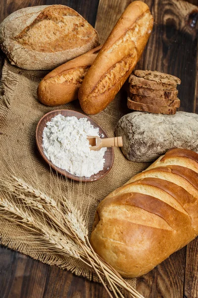 Fresh Loaves Bread Wheat Gluten Wooden Table — Stock Photo, Image